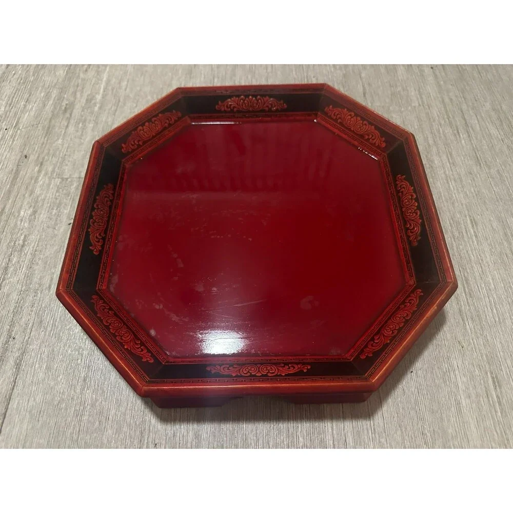 Vintage Korea Red Lacquer Ware Wood Tray Octagonal